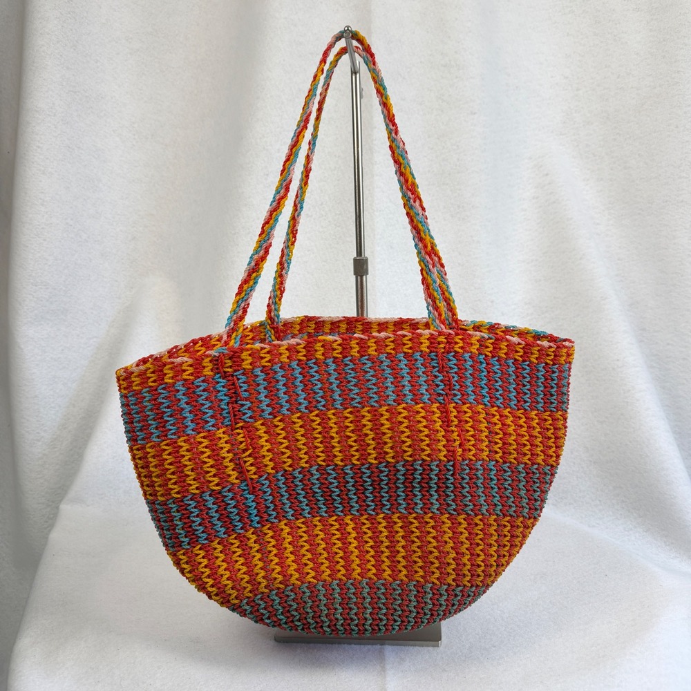 Boho Woven Straw Tote Bag Multi Color Striped Beach Shoulder Bag Summer Purse - Picture 3 of 9
